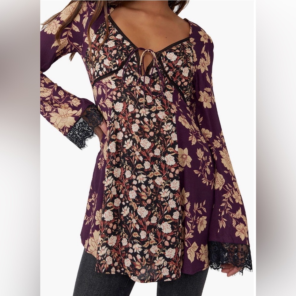 Free people Odette Floral Lace-Trim Long Sleeve Tunic S